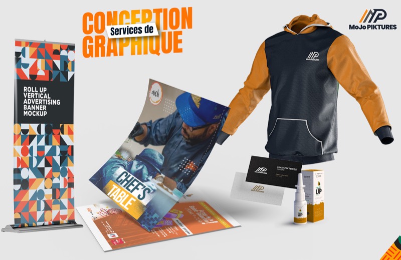 Maquettes de supports de marque : roll-up, flyers, textile